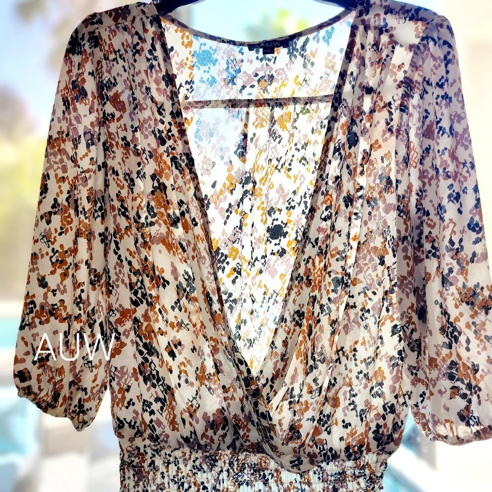 Tan & white floral pattern cross over top